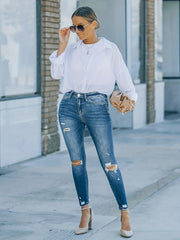 Solid Ripped Button Fly High Rise Skinny Jeans