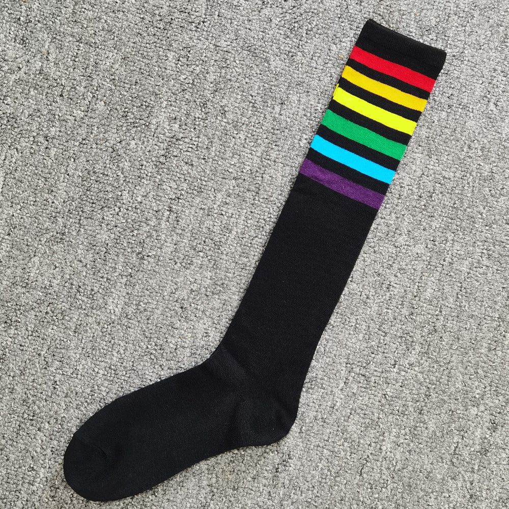 Rainbow Striped Calf Socks Harajuku College Style Knee High Socks Women