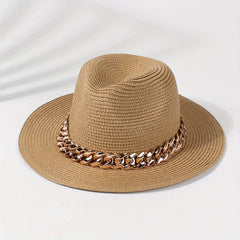 Golden Chain Decor Sun Hat Classic Coffee Jazz Fedora Cap