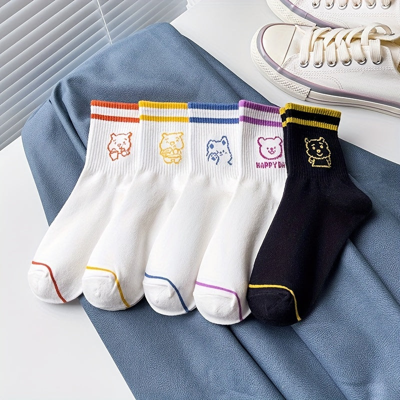 5 Pairs Cartoon Bear Print Socks & Striped Crew Socks Women's Stockings