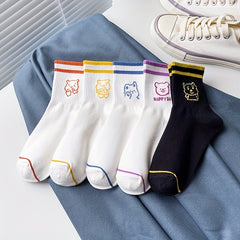 5 Pairs Cartoon Bear Print Socks & Striped Crew Socks Women's Stockings