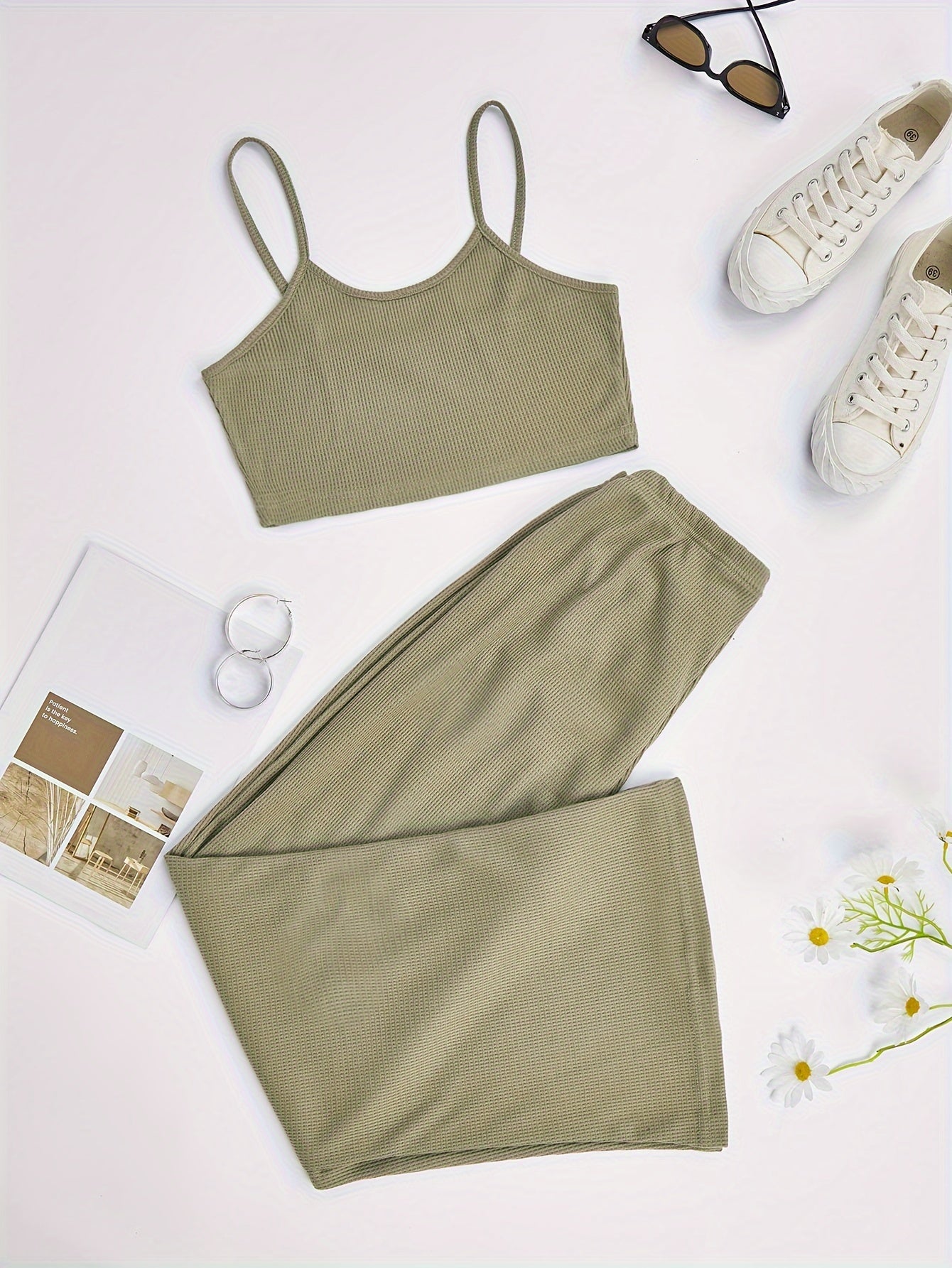 Waffle Lounge Set Crew Neck Cami Top & Pants Women's Loungewear