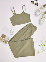 Waffle Lounge Set Crew Neck Cami Top & Pants Women's Loungewear