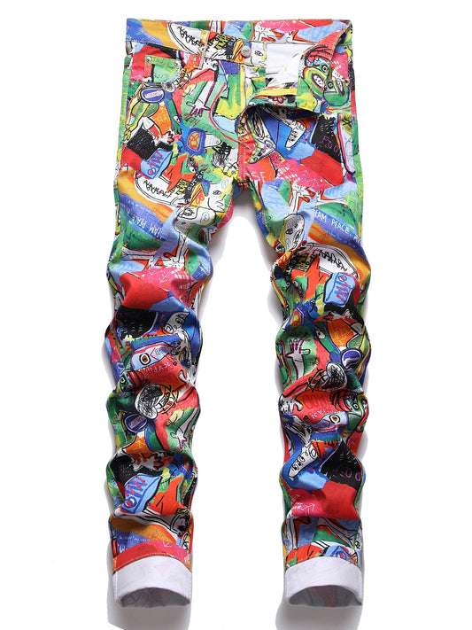 Colorful Graphic Pattern Slim Fit Jeans for Men