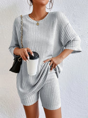 Ribbed Two piece Set Crew Neck Tee & Shorts Women's Clothing