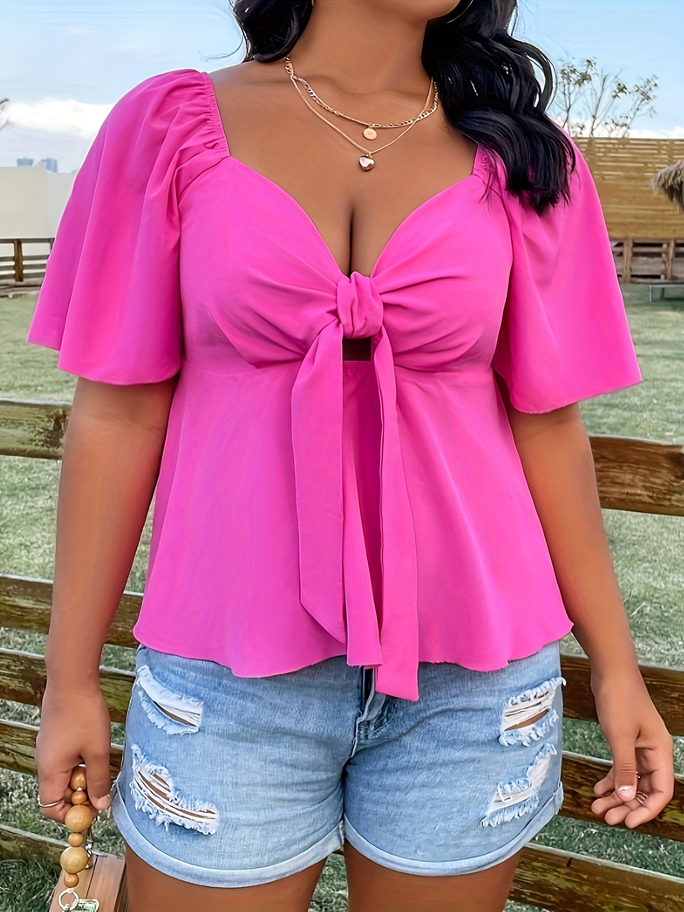  Casual Blouse Women's Plus Solid Short Sleeve Sweetheart Neck Knot Top