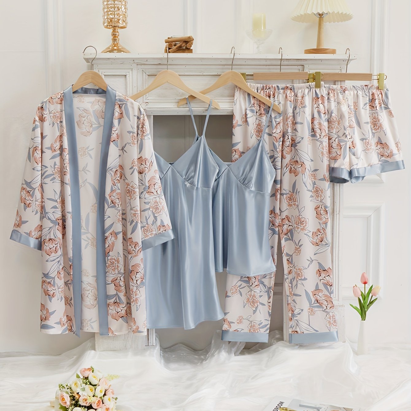 Floral Print Pajama Set: Robe, V Neck Top, Dress, Shorts