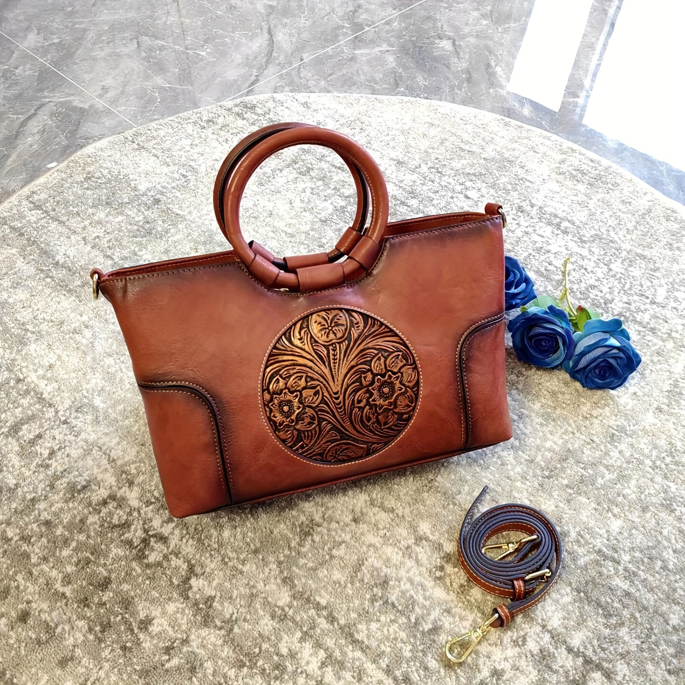 Vintage Flower Embossed Lightweight Satchel Bag