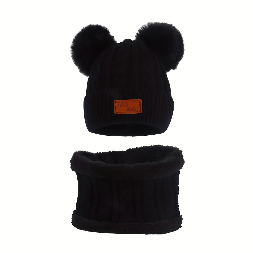 Toddler Winter Pompom Knit Cap Mittens Neck Warmer Set