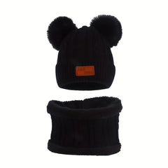 Toddler Winter Pompom Knit Cap Mittens Neck Warmer Set