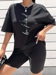 Letter Print Matching Two piece Set Short Sleeve T shirt & Shorts