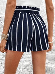 Striped Print Ruffle Trim Shorts Tie Waist Wide Leg Summer Casual