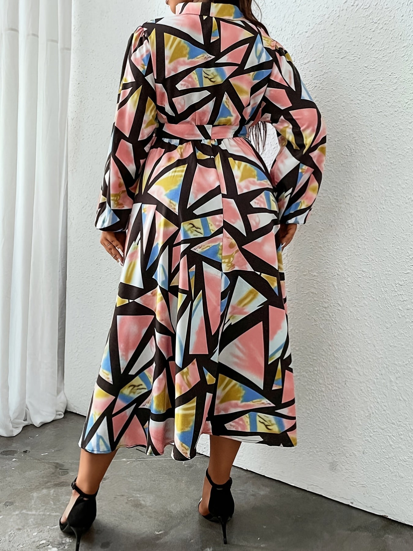  Colorblock Geo Print Long Sleeve Surplice Neck Dress