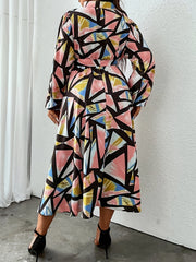  Colorblock Geo Print Long Sleeve Surplice Neck Dress