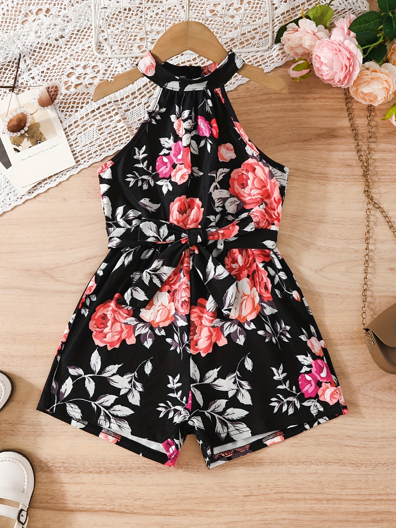 Girls' Leaf Print Halter Romper With Belt