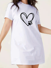  Casual Nightdress Women's Plus Paw Print Short Sleeve Tee Dress