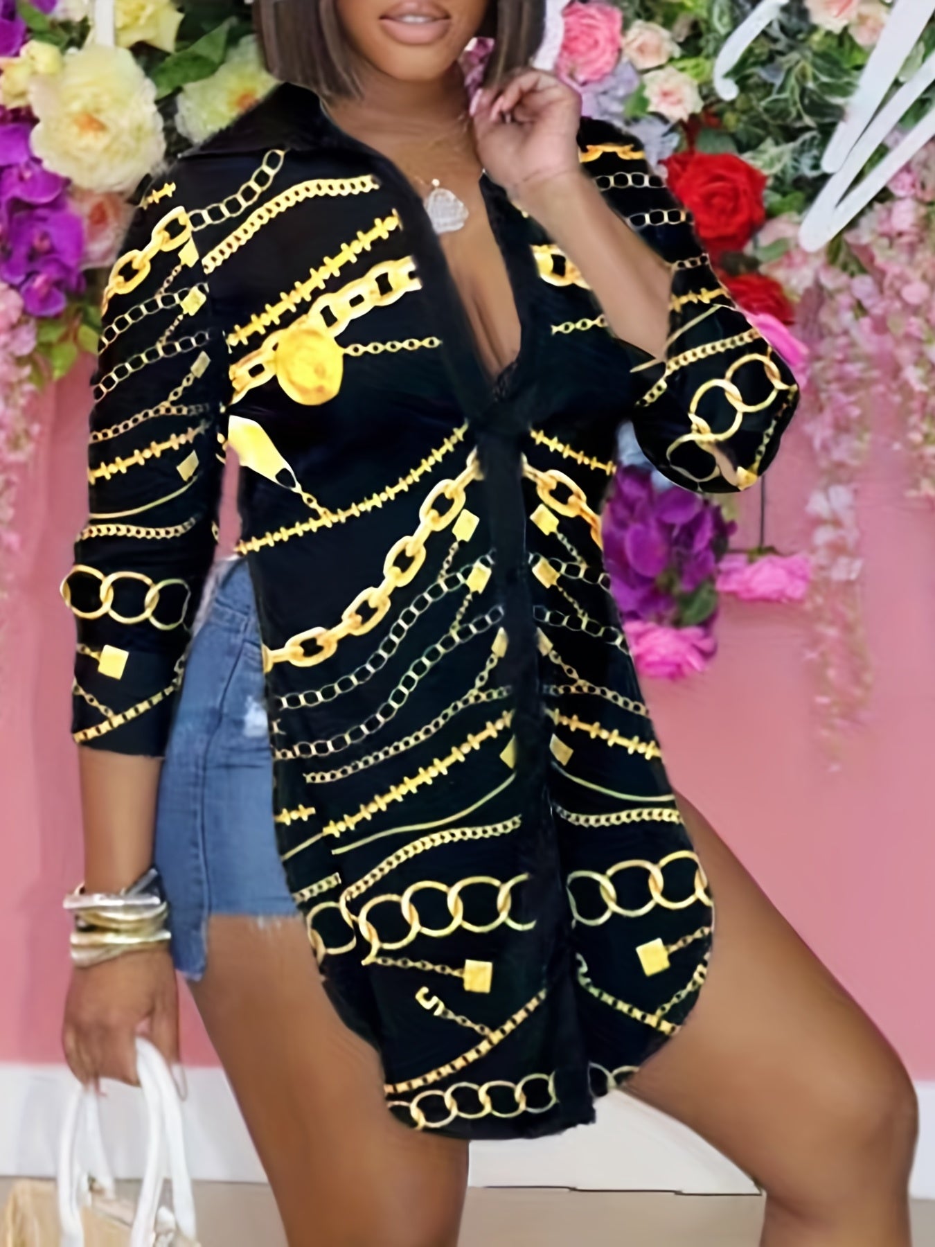  Chain Print Long Sleeve Blouse