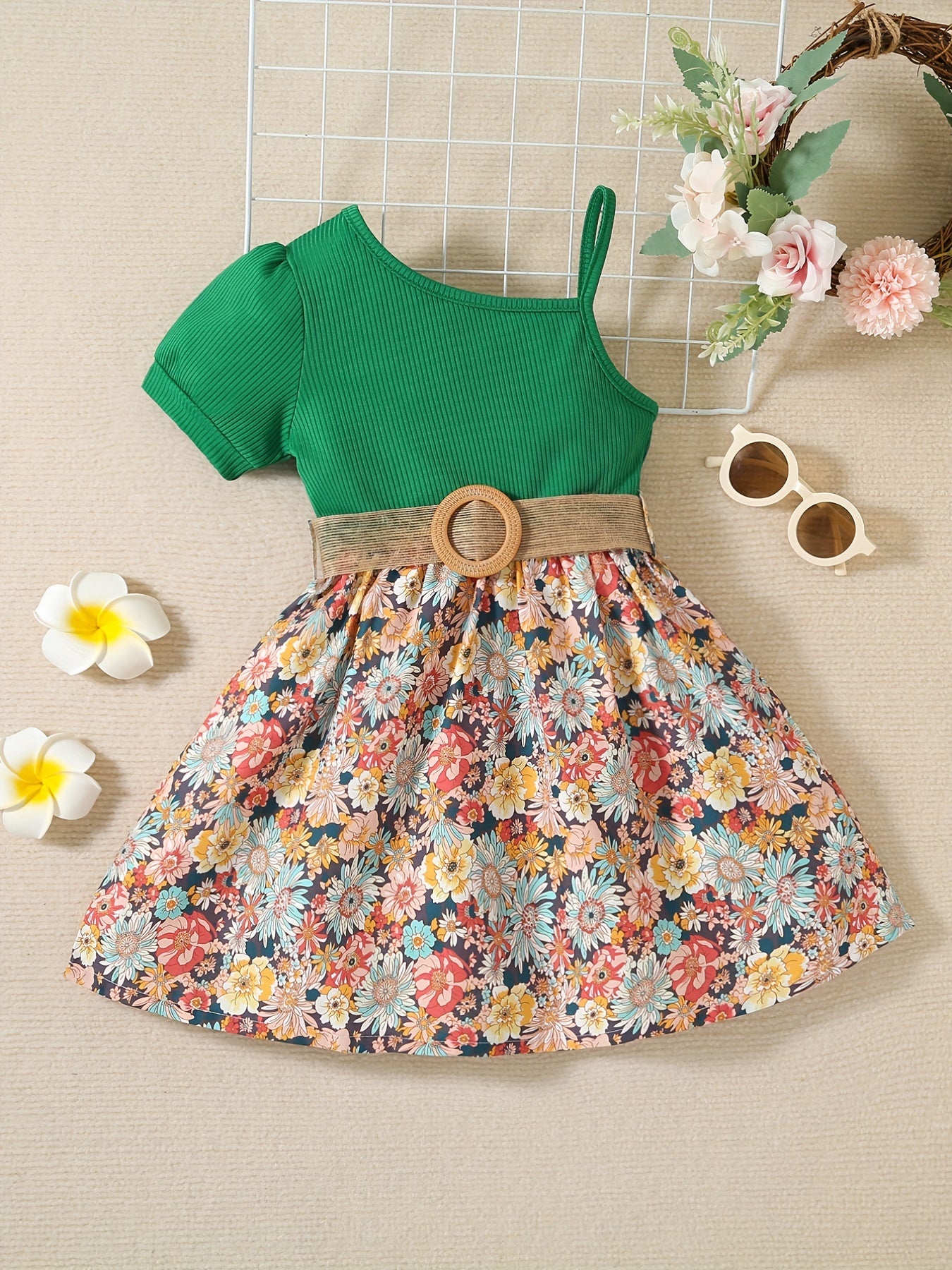 Girls Short Bubble Sleeve Floral Dress Kids Summer Clothes