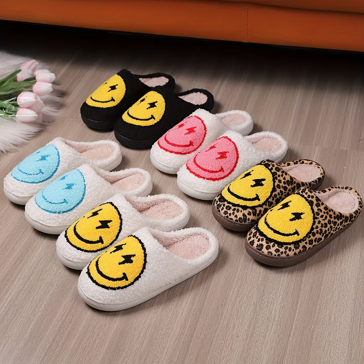Women's Lightning Smile Face Slippers Warm Fuzzy Cozy Bedroom Plush Slippers