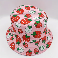 Pink Strawberry Print Bucket Hat Reversible Basin Hat For Women