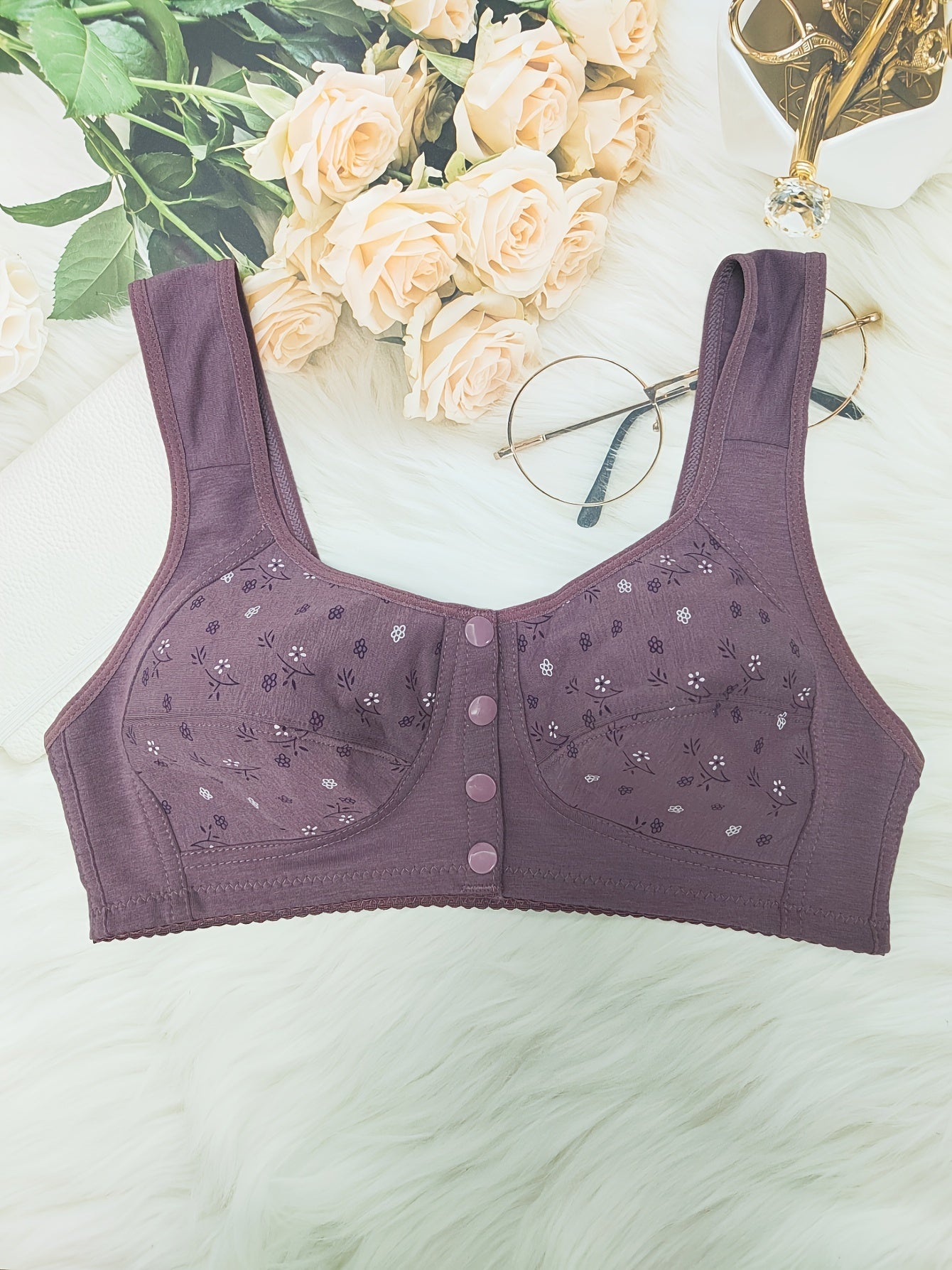 Floral Print Front Buckle Bra Wireless