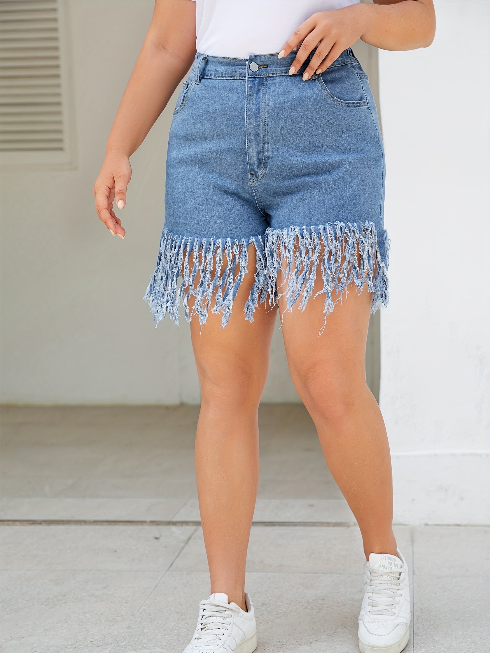  Casual Denim Shorts Women's Plus Solid Elastic Ripped Fringe Trim