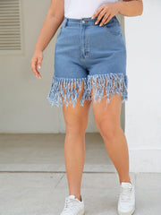  Casual Denim Shorts Women's Plus Solid Elastic Ripped Fringe Trim