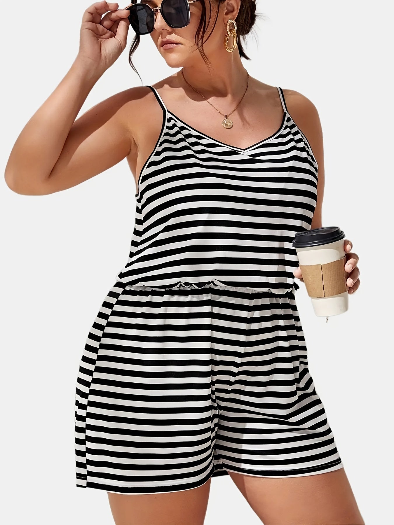  Casual Romper Women's Plus Stripe V Neck Nipped Waist