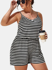  Casual Romper Women's Plus Stripe V Neck Nipped Waist