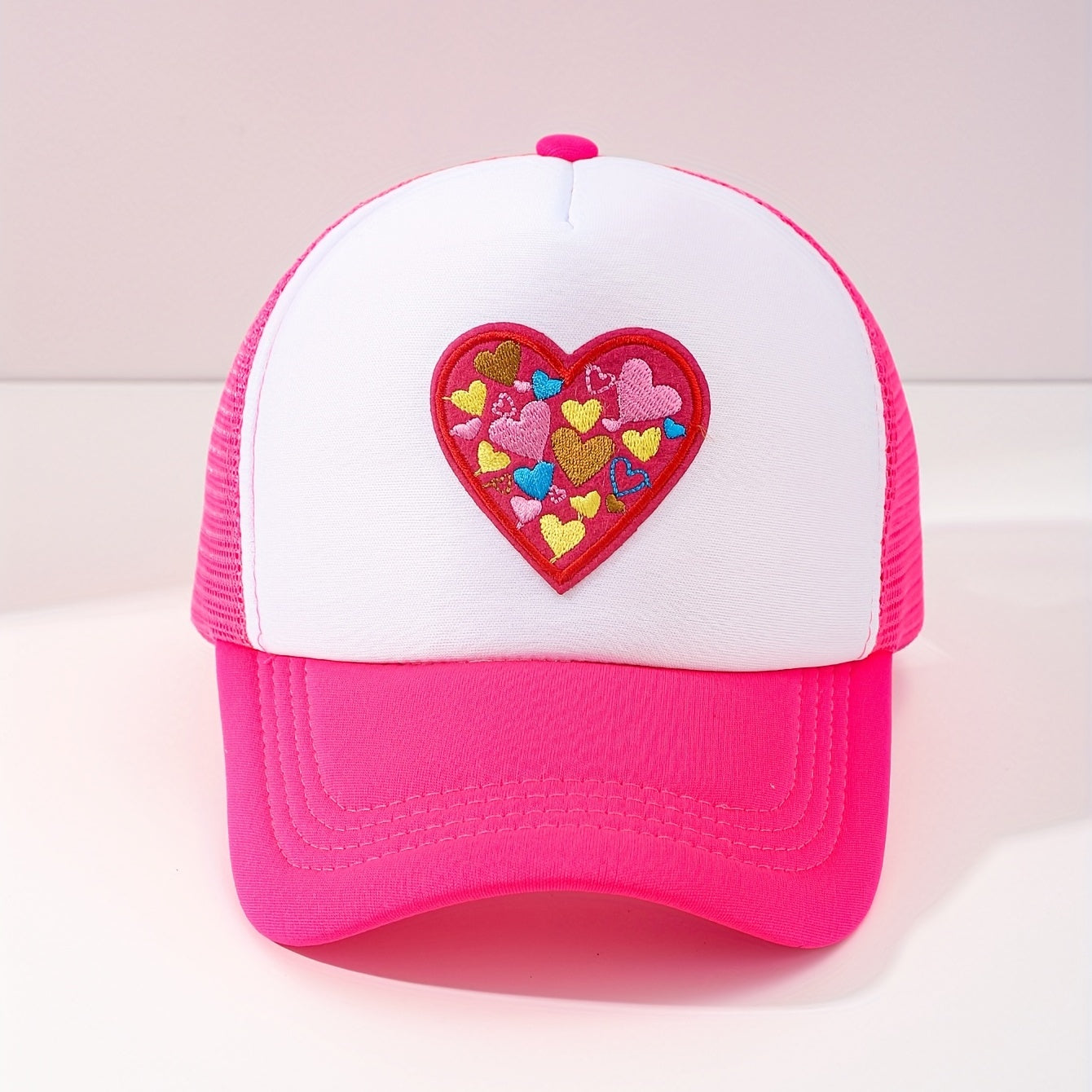 Heart Embroidery Cartoon Trucker Hat Rose Red Block Baseball Cap Mesh Breathable