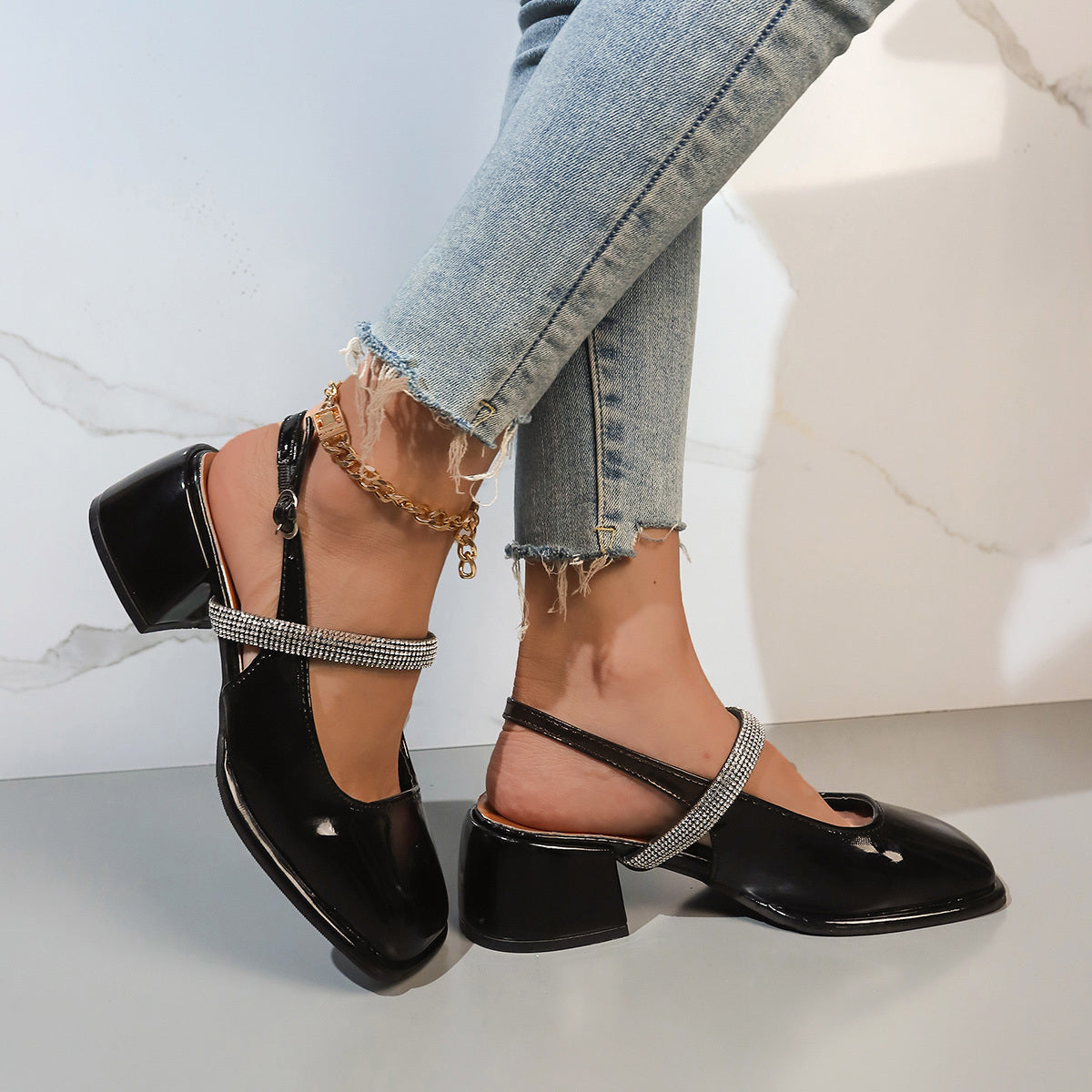 Women's Rhinestone Strap Chunky Heels Faux Leather Slingback Shoes