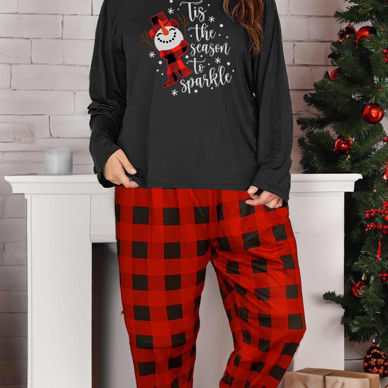  Snowman & Letter Print Long Sleeve Top & Plaid Pants Pajamas Set