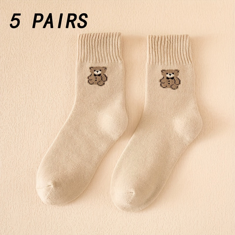 5 Pairs Bear Print Socks Comfy Mid Tube Women's Stockings