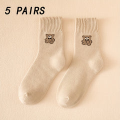 5 Pairs Bear Print Socks Comfy Mid Tube Women's Stockings