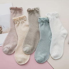 5 Pairs Ruffle Polka Dot Socks - Comfy & Breathable Women's Mid Tube Stockings