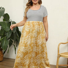  Women's Stripe & Tropical Print Round Neck Dress