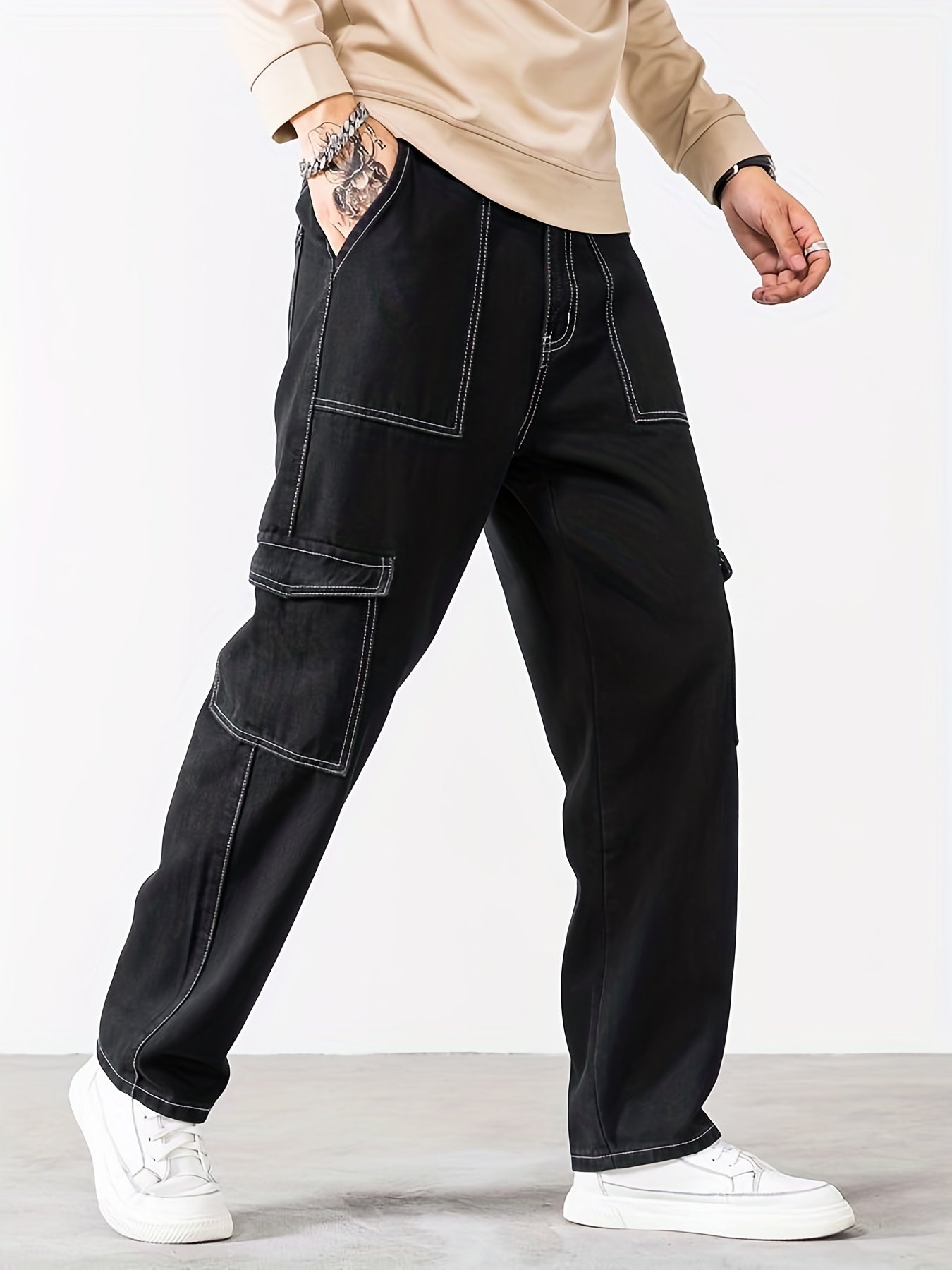 Men's Loose Straight Leg Thin Pants Flap Pocket Sports Cargo Trousers
