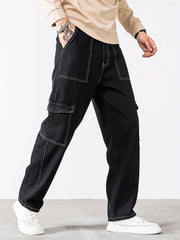Men's Loose Straight Leg Thin Pants Flap Pocket Sports Cargo Trousers