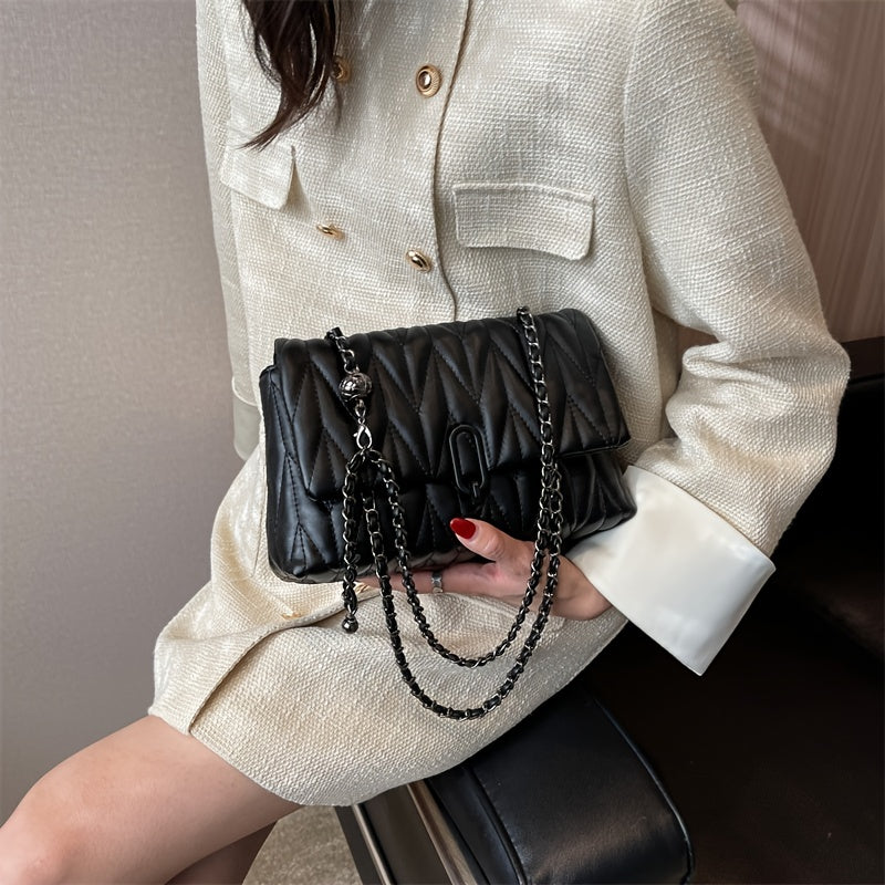 Argyle Quilted Chain Shoulder Bag PU Leather Flap Purse Women's Buckle Decor