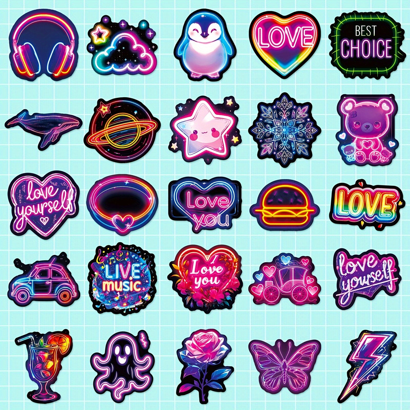 50pcs Neon Stickers Retro Colorful Graffiti Decals with Playful Designs