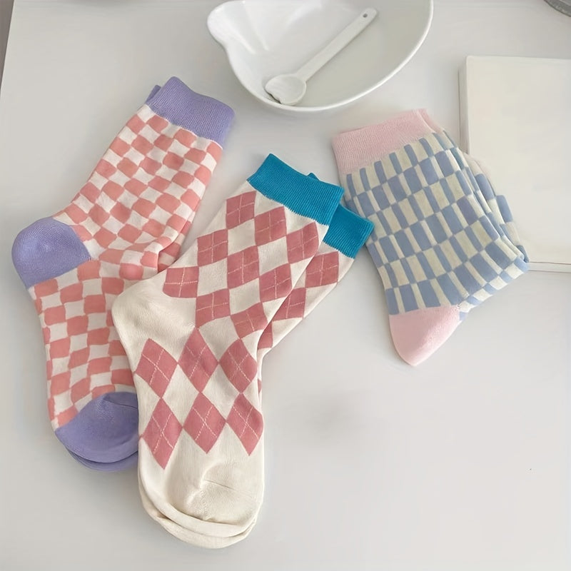 4 Pairs Plaid Colorblock Socks Soft Mid Tube Women Stockings