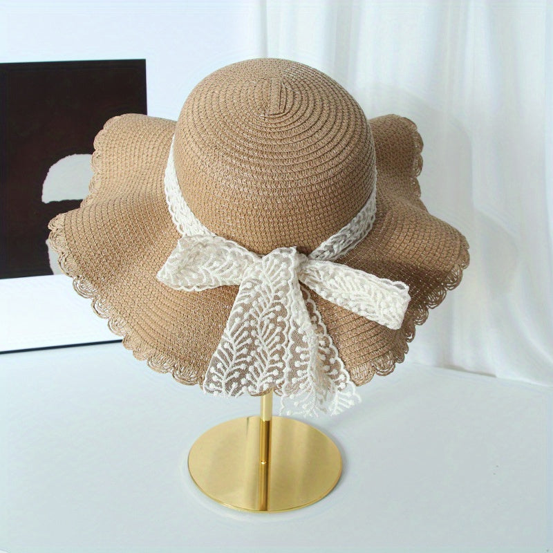 Lace Straw Sun Hat Ribbon Bowknot Decor