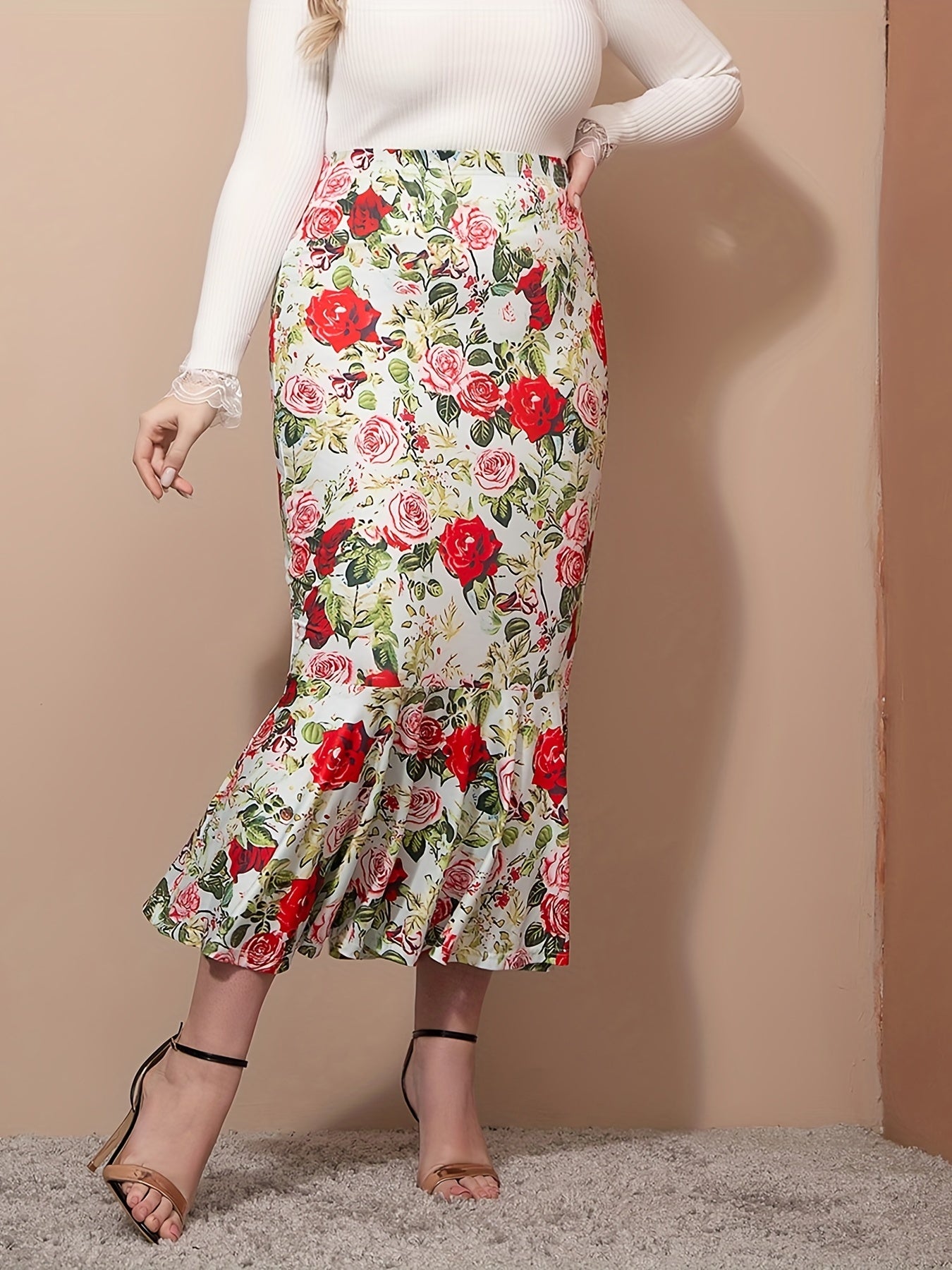  Floral Print High Rise Ruffle Trim Bodycon Mermaid Skirt