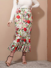  Floral Print High Rise Ruffle Trim Bodycon Mermaid Skirt
