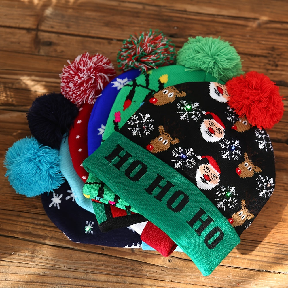 LED Light Knitted Christmas Hat Flanged Ball Cap