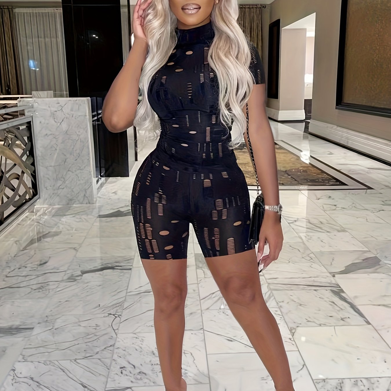 Sexy 2pc Set Mock Neck Tee & Slim Shorts Outfit