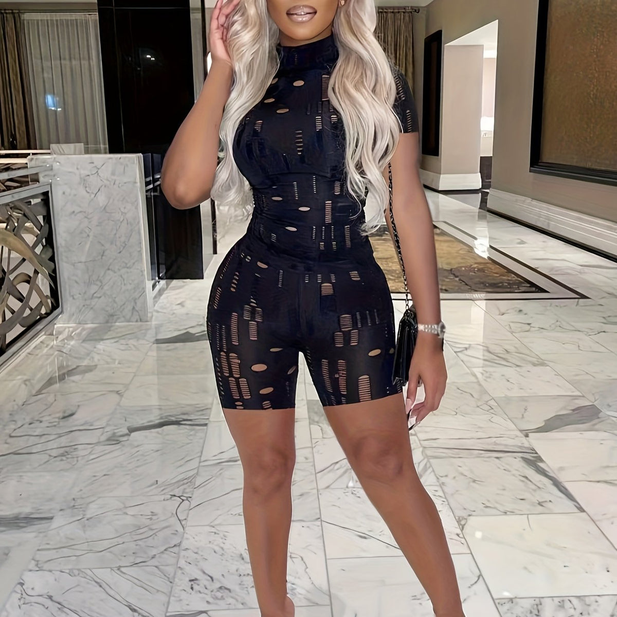Sexy 2pc Set Mock Neck Tee & Slim Shorts Outfit