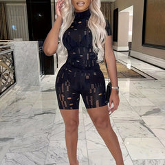 Sexy 2pc Set Mock Neck Tee & Slim Shorts Outfit