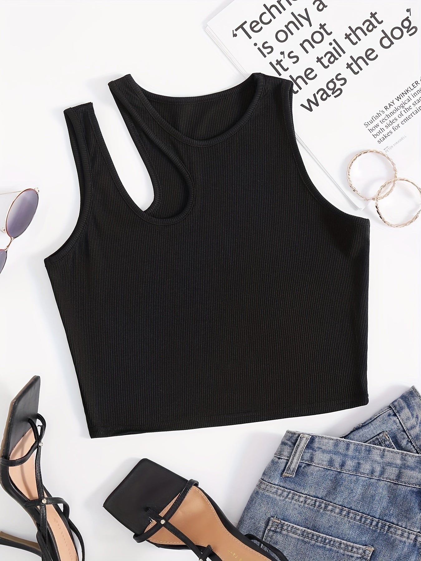 Solid Cutout Crop Tank Top Sleeveless Summer Casual Crew Neck