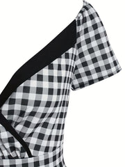  Colorblock Gingham Print A line Dress